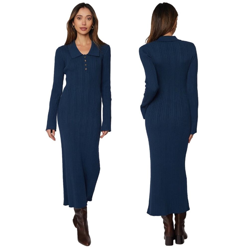 Lost + Wander Giustina Ribbed Collared Sweater Maxi Dress Teal XS/S - Picture 2 of 14